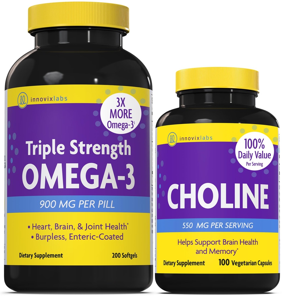 InnovixLabs Choline & Triple Omega-3 Bundle Choline Bitartrate 550mg (100 Capsules) Triple Strength Omega (200 Softgels). Supports Memory, Mood, Brain Health & Boost Cognitive.*