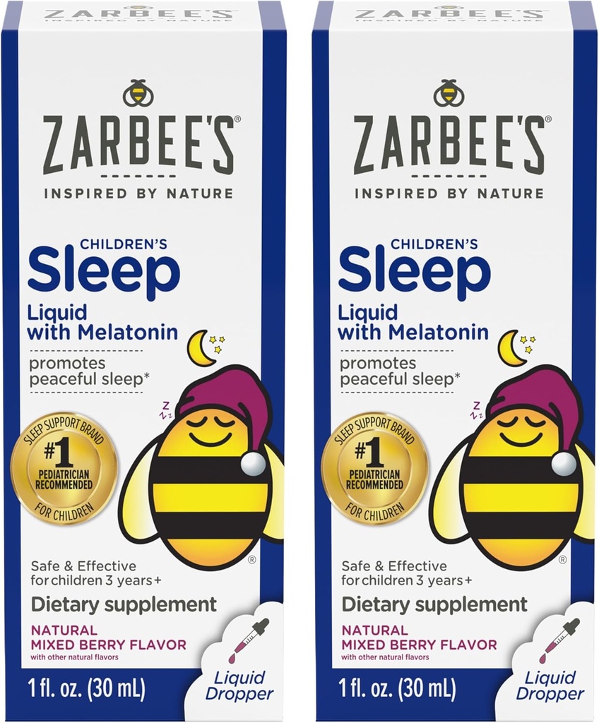 Zarbee's Kids Sleep Supplement Liquid with 1mg Melatonin; Drug-Free & Effective; Easy to Take Natural Berry Flavor for Children Ages 3 and Up; 1 Fl Oz Bottles, Pack of 2