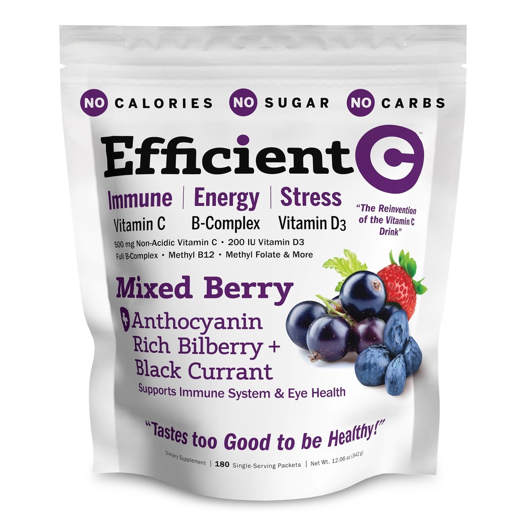 ANDREW LESSMAN Efficient C Mixed Berry 180 Packets - Ανοσοποιητική, ενέργεια, άγχος και υποστήριξη της υγείας των ματιών. Επανάληψη της βιταμίνης C ποτό. Όχι θερμίδες. Χωρίς ζάχαρη. Όχι υδατάνθρακες. Εύκολο να αναμιχθείς.