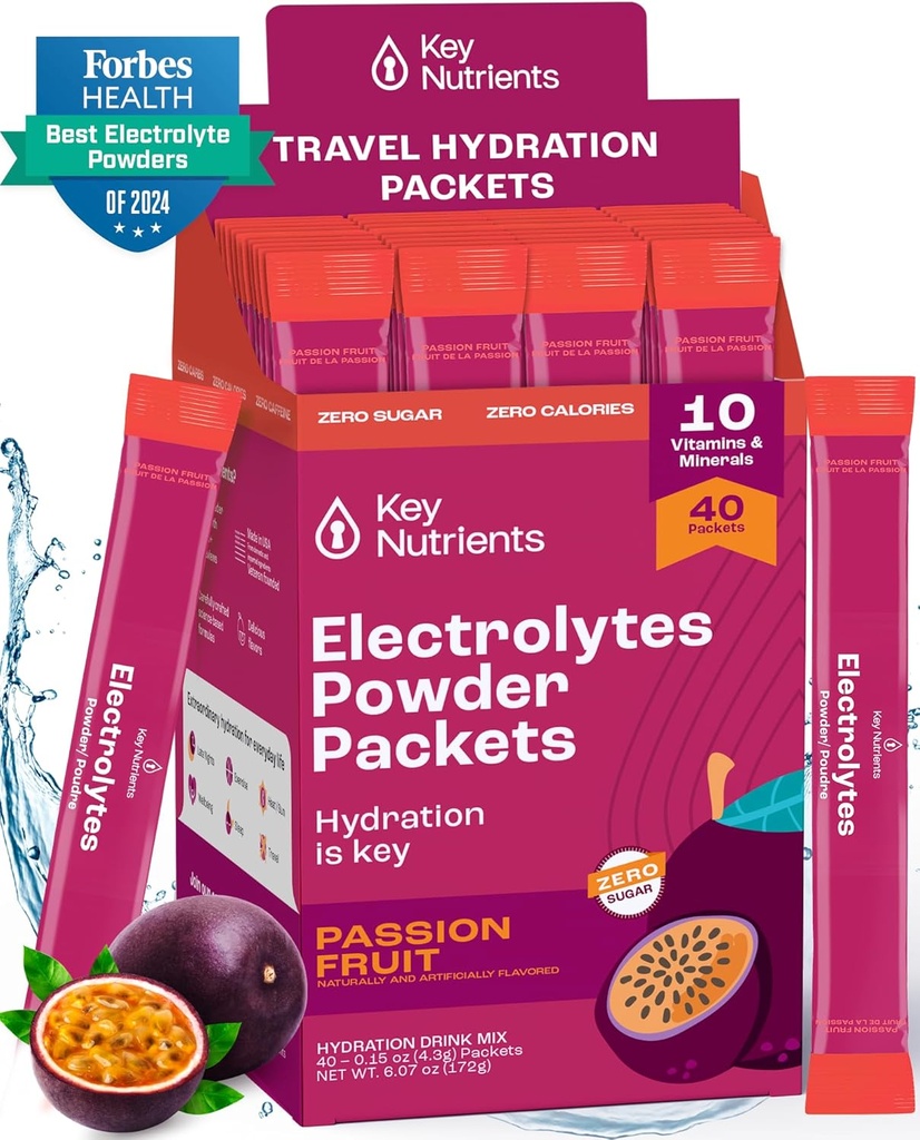 ΚΥΡΙΑ ΦΥΤΑ Πολυβιταμινούχα Ηλεκτρολυτικά Powder Packets - Delicious Passion Fruit 40 Pack Hydration Packets - Travel Hydration Powder - Χωρίς ζάχαρη, χωρίς θερμίδες, χωρίς γλουτένη - Κατασκευασμένο στις ΗΠΑ