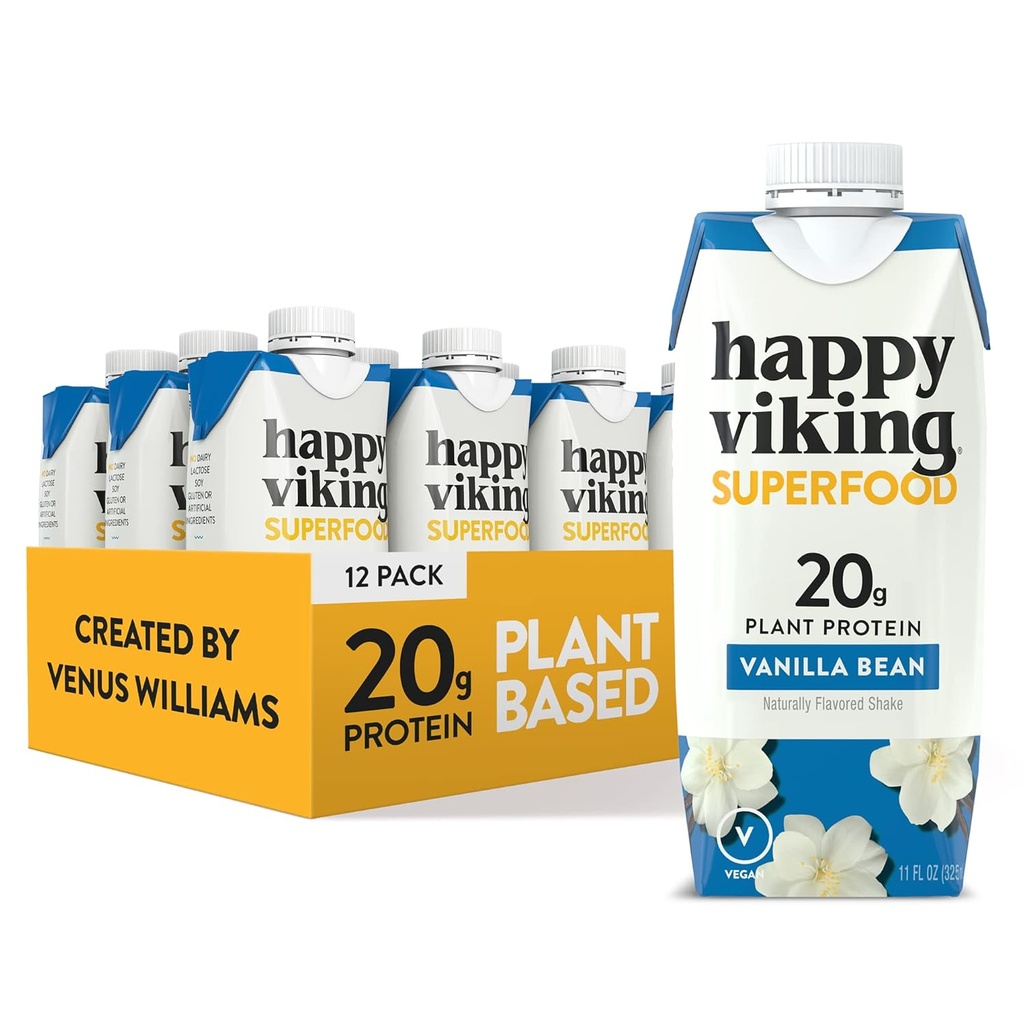 Vanilla Bean Vegan Plant Protein Shakes by Happy Viking, Δημιουργήθηκε από την Venus Williams, 20g πρωτεΐνης, Ωμέγα-3, 9 Αμινοξέα και BCAAs, Χωρίς γλουτένη, Μη-ΓΤΟ, Έτοιμη να πιει, Συσκευασία των 12 (11oz)