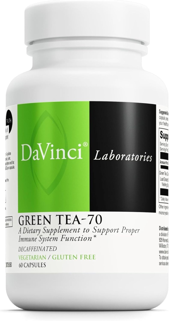 DaVinci Labs Πράσινο Τσάι-70 - Συμπλήρωμα διατροφής για την υποστήριξη του ανοσοποιητικού συστήματος, Καρδιαγγειακής Υγείας και Χοληστερόλης Υγεία - Με Πράσινο Τσάι Εκχύλισμα - Decaffeinated - Χωρίς γλουτένη -60 Κάψουλες χορτοφάγων