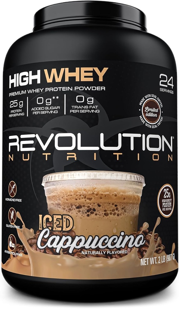 Revolution Nutrition, High Whey, Protein Powder 2LB, Whey Isolate, Gluten Free, Lean Mys Mass for Men & Women, 25g Protein Per Scoop, 908 g, 24 Servings (Iced Cappuccino, 2 Λίρες)