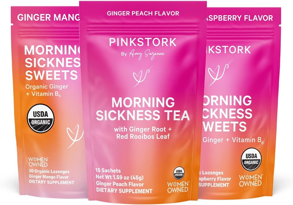Pink Stork Morning Sickness Relief Kit – 3-Piece Bundle με οργανικό τσάι Peachάκινο, B6 Sweets, Ginger Lozenges – Υποστήριξη Εγκυμοσύνης, Πρώτο Trimester Απαραίτητα, Δώρο για Έγκυες Γυναίκες
