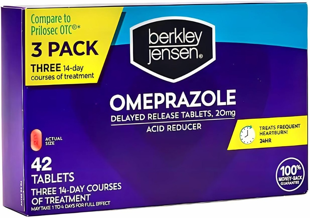 berkley jensen Omeprazole 20 mg Καθυστερημένα δισκία απελευθέρωσης - Ιατρική εγκαύματα - χάπια οξύ Reducer - Θεραπείες Συχνές Heartburn - 3 x 14- Ημέρες Μαθήματα, 42 Count Total (Pack of 1)
