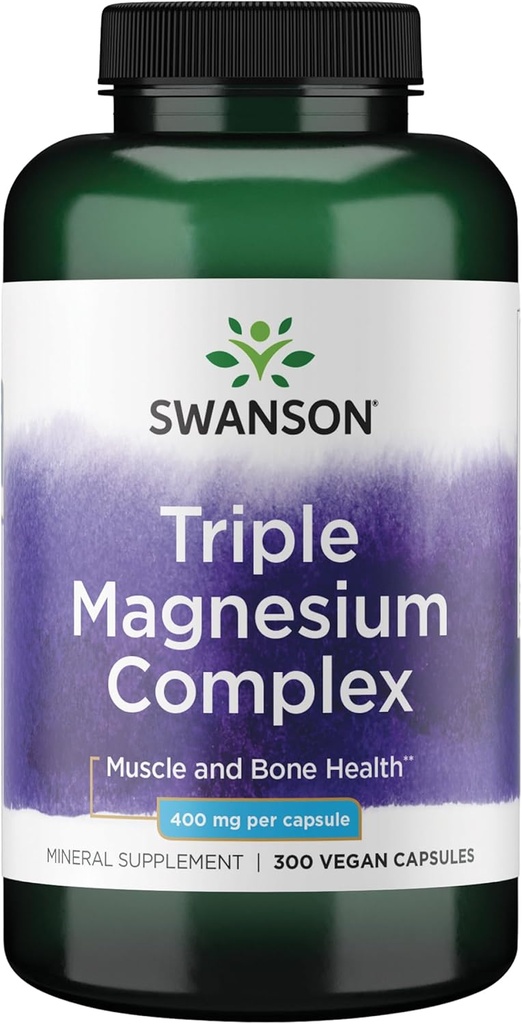 Swanson Triple Magnesium Complex - Συμπλήρωμα μαγνησίου για τον εγκέφαλο, την ενέργεια, τα οστά, το στρες, τους μυς και τον ύπνο * - Περιέχει ασπαρτικό μαγνήσιο, κιτρικό & οξείδιο - 300 κάψουλες Vegan