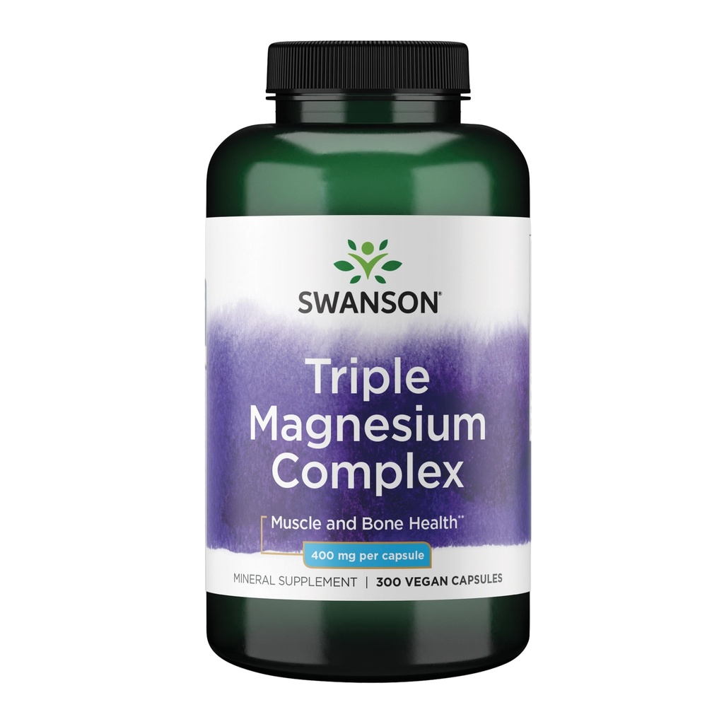 Swanson Triple Magnesium Complex - Συμπλήρωμα μαγνησίου για τον εγκέφαλο, την ενέργεια, τα οστά, το στρες, τους μυς και τον ύπνο * - Περιέχει ασπαρτικό μαγνήσιο, κιτρικό & οξείδιο - 300 κάψουλες Vegan