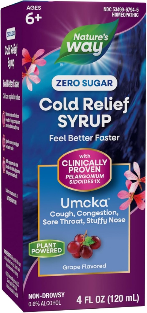 Nature's Way Cold Relief Zero Sugar Syrup, Umcka, Homeopathic, Shortens Colds, Sore Throat, Cough, Congestion, and Stuffy Nose, Phenylephrine Free, Grape Flavored, 4 Fl Oz (Packaging May Vary)