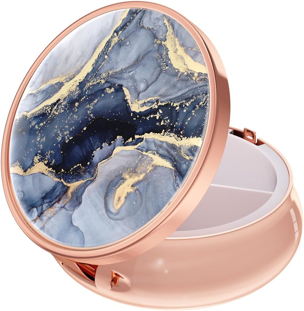 Rouidr Pill Box, 3 διαμέρισμα ιατρική θήκη χάπι, μικρό μεταλλικό ταξιδιωτικό κουτί ιατρικής για το πορτοφόλι & τσέπη, ροζ χρυσό, σκούρο γκρι μάρμαρο