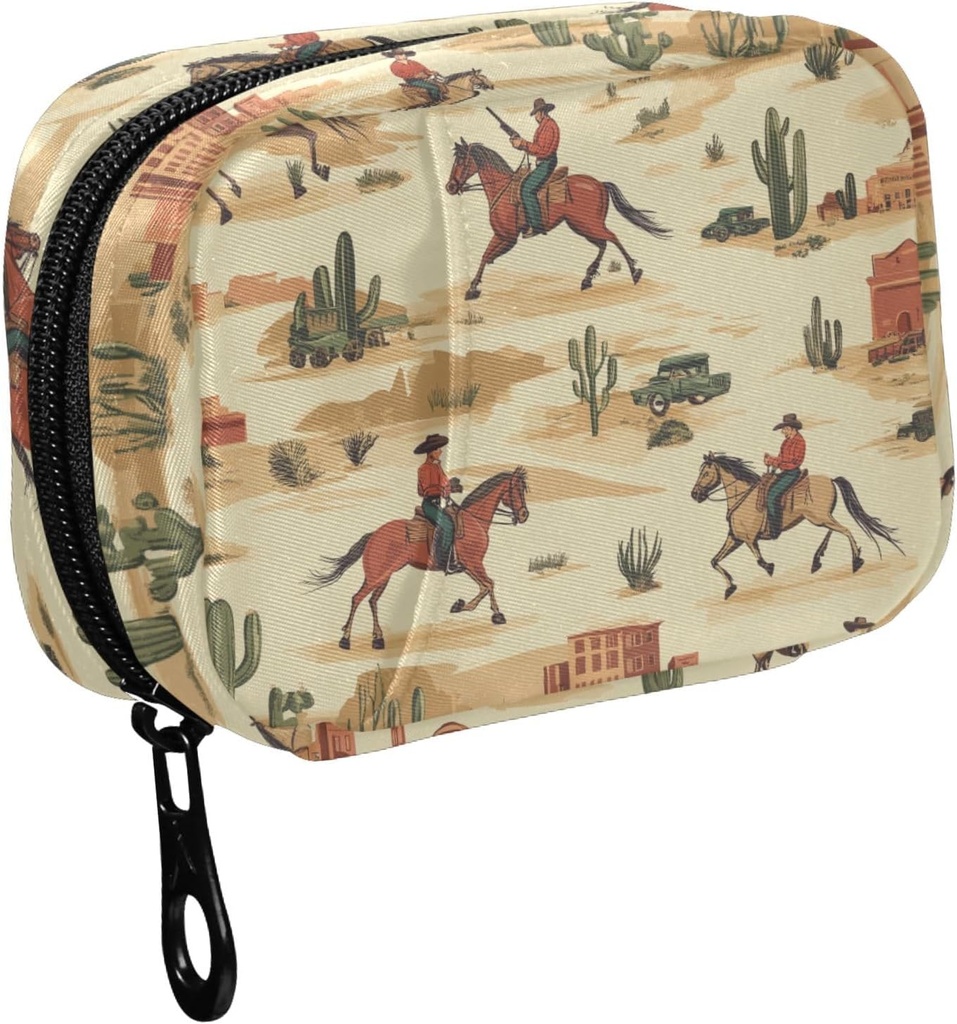 Fustylead Cowboy Ιππασία Ίππος και έρημος Κάκτος Χάπι Organizer για την τσάντα, εβδομαδιαία φορητό κουτί χάπι με Zipper για την αποθήκευση Βιταμίνες ιχθυέλαια Συμπληρώματα