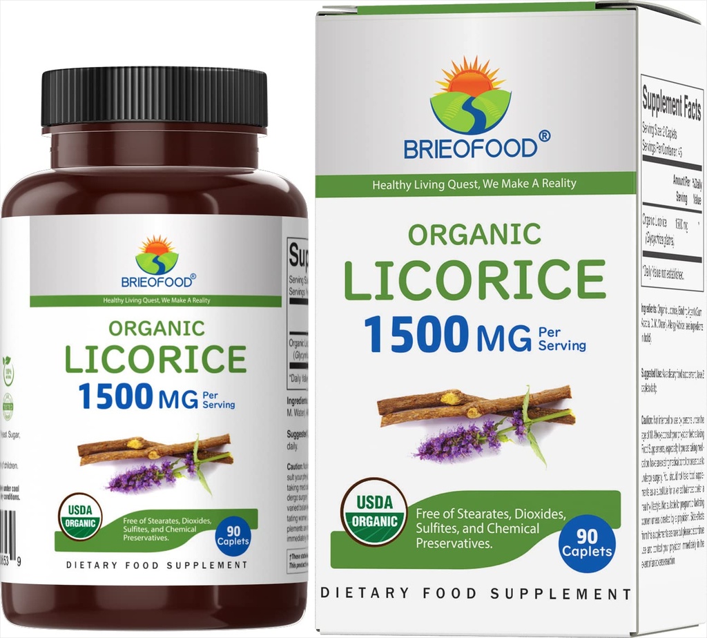 Brieofood Organic Licorice 1500mg, 45 μερίδες, χορτοφαγικά, χωρίς γλουτένη, 90 χορτοφαγικά δισκία