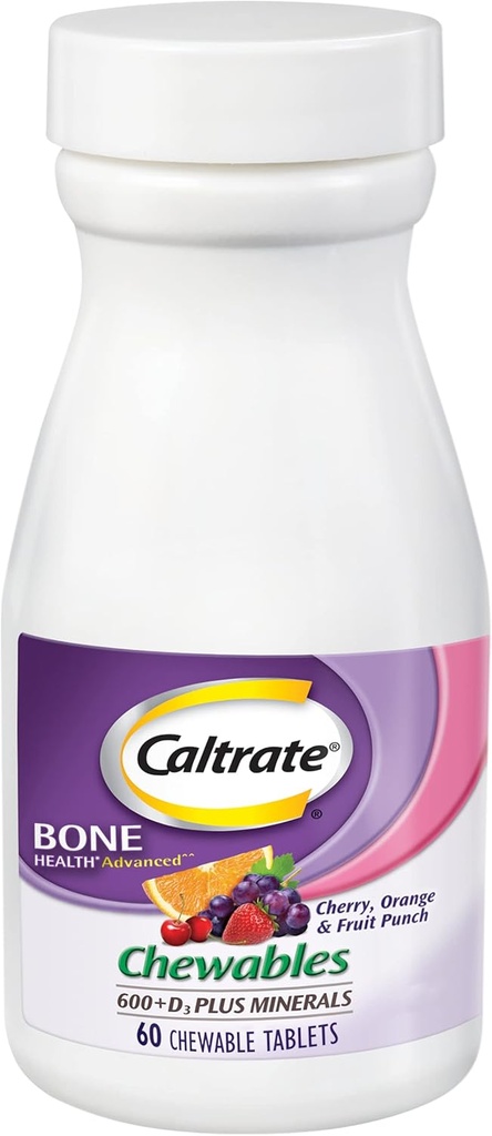 Caltrate Chewables 600 Plus D3 Plus Minerals Συμπλήρωμα βιταμίνης ασβεστίου D, Cherry, Orange and Fruit Punch - 60 Count