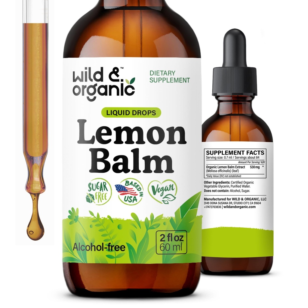 Άγριες & οργανικές σταγόνες λεμονιού - Relaxing Lemon Balm Leaf Extract Supplement - Calming Melissa Officinalis Tincture - Vegan, Sugar & Alcohol-Free - 2 fl oz