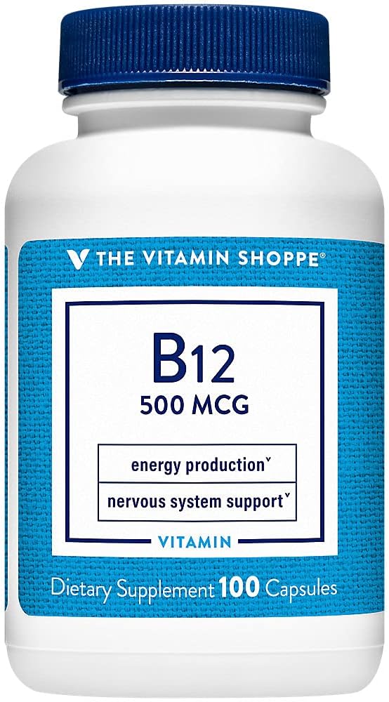 Η Βιταμίνη Shoppe Βιταμίνη B12 500mcg - Υποστηρίζει την παραγωγή ενέργειας, Once Daily Dietary Supplement - Βιταμίνη B-12 (ως Κυανοκοβαλαμίνη), Γλουτένη & Γαλακτοκομικά Χωρίς (100 κάψουλες)