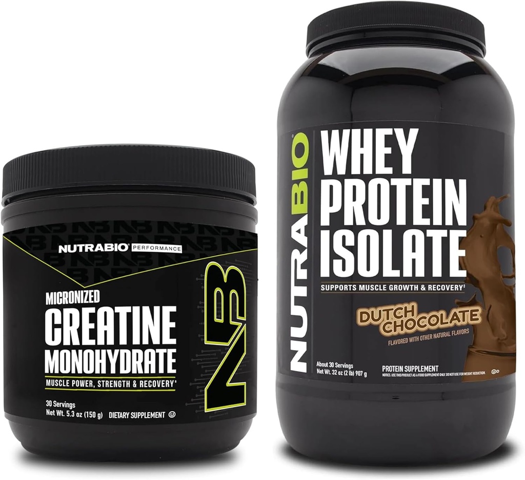 NutraBio Creatine Monohydrate, Unflavored, 150g και πρωτεΐνη Whey Isolate, ολλανδική σοκολάτα, συμπλήρωμα Bundle - μυϊκή ενέργεια, Lean μυϊκή ανάπτυξη, ανάκτηση, και δύναμη
