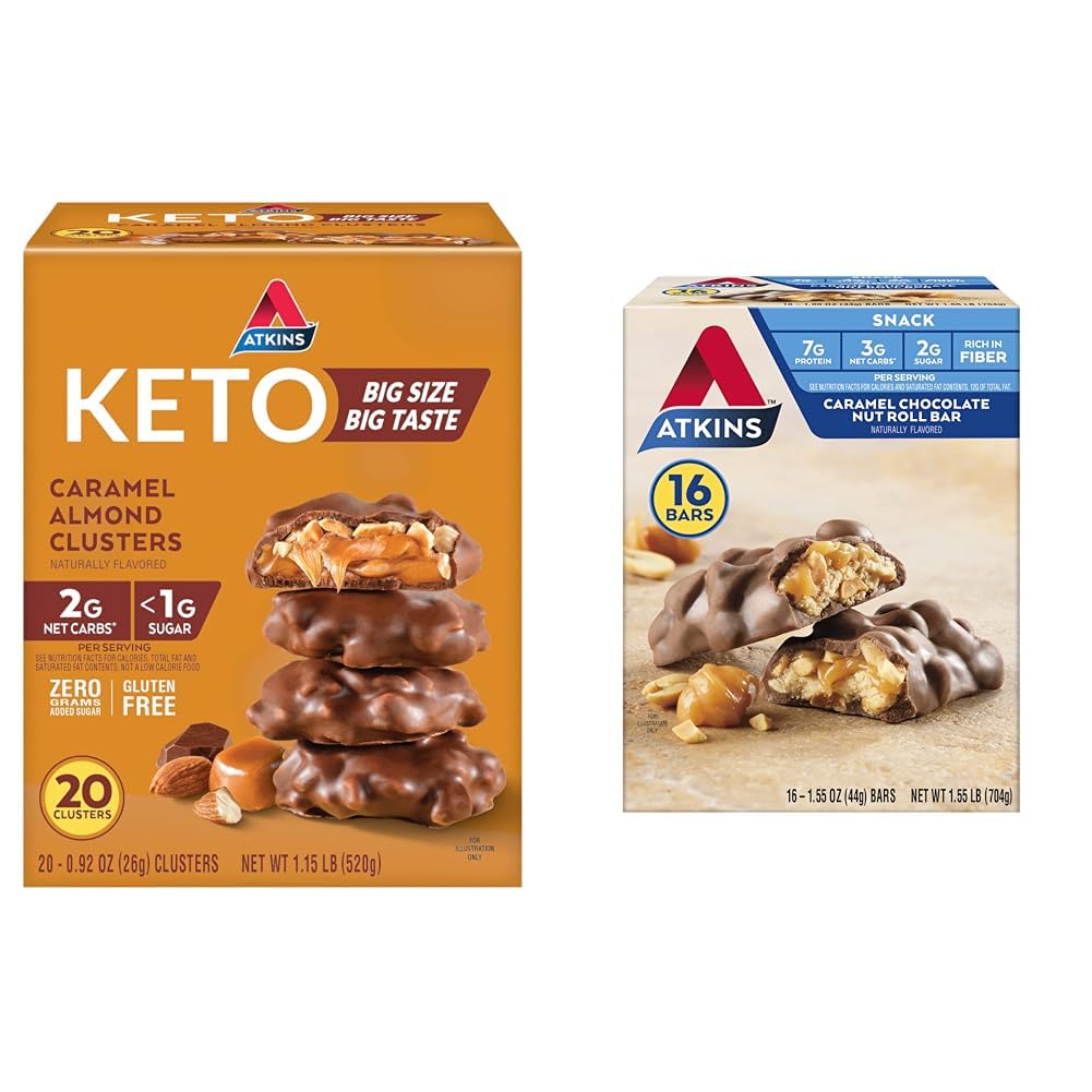 Atkins Caramel Almond Clusters, Gluten Free, High in Fiber, 1g Sugar, 2g Net Carb, Keto Friendly, 20 Count & Caramel Chocolate Nut Roll Snack Bar, Protein Snack, High in Fiber, 2g Sugar, 16 Count