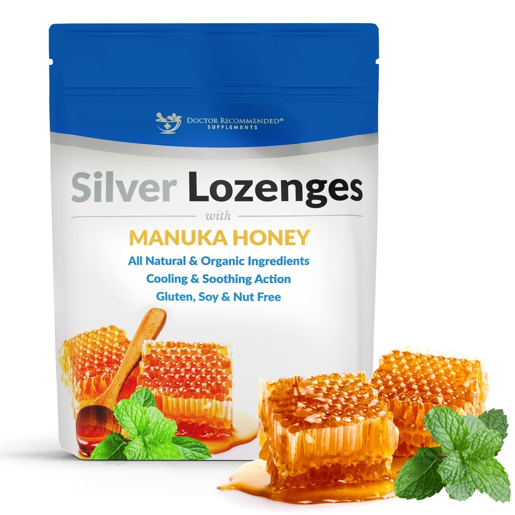 Silver Lozenges with Organic Manuka Honey and Vitamin C - All-Natural Nano Silver 45-50mcg of 60 PPM Colloidal Silver Mineral Drops to Support Immune System, Soothe, Cool Cough & Throat, 24-Lozenges