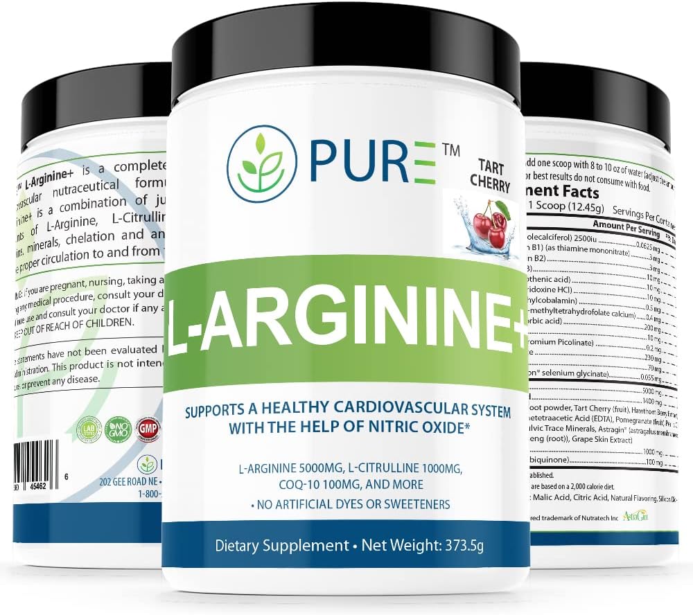 PURE L-Arginine+ L- Arginine+, L- Arginine L Citrulline CoQ10 and More! Support for Blood Pressure, Cholesterol, Energy, Blood Flow, Muscle Development & More (Tropical Mango)