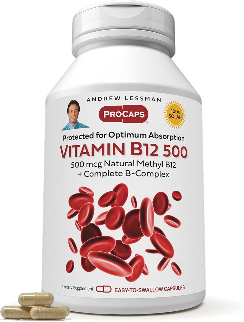 ANDREW LESSMAN Vitamin B12 500 360 Capsules - Absorption-Protected Methylcobalamin (Natural Coenzyme Vitamin B12), Essential for Energy and Stress Support, Plus B-Complex, Easy to Swallow Capsules