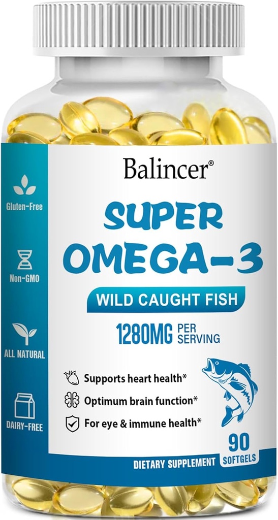 Ωμέγα 3 Fish Oil Συμπληρώματα, 1280 mg Ωμέγα-3 Λιπαρά Οξέα Συμπεριλαμβανομένων EPA και DHA, Wild-Caught Burpless Fish Oil Συμπληρώματα Υποστηρίζει την καρδιά, τον εγκέφαλο και την υγεία των ματιών, 90 Softgels