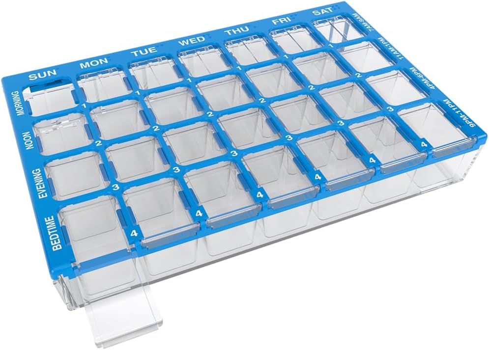 EZY DOSE Pill Organizer Weekly (7-Day), Medicine Planner, Βιταμίνη κουτί, μικρά διαμερίσματα με εύκολη θήκη Fill Tray, 4 φορές την ημέρα, εύκολο στη χρήση εμπορευματοκιβώτια, Clear Lids, Blue, BPA Δωρεάν