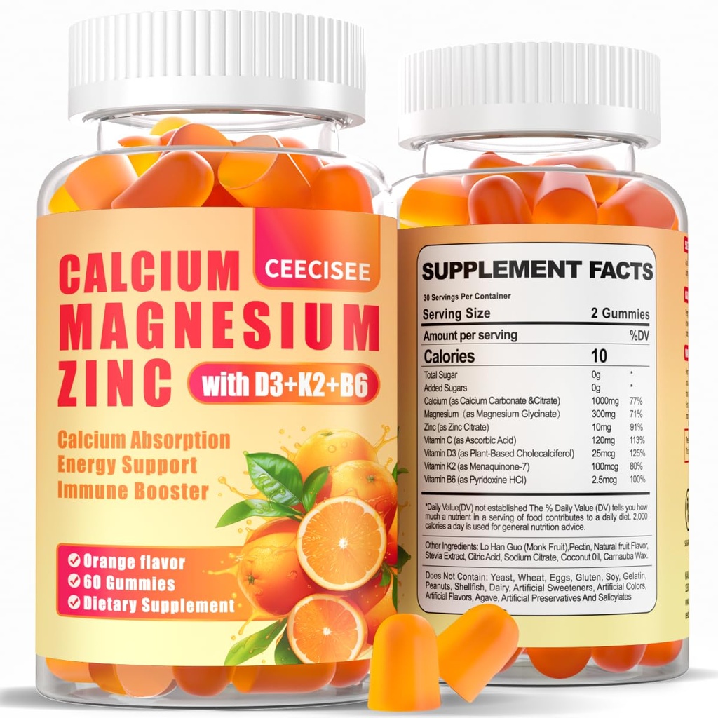 Ασβέστιο Μαγνήσιο Ψευδάργυρος Gummies με D3 & B6 & K2,1000mg Ασβέστιο Gummies με 300mg Μαγνήσιο Υποστήριξη ανοσοποιητική ενέργεια για ενήλικες και εφήβους, Ζάχαρη Δωρεάν (120Count)