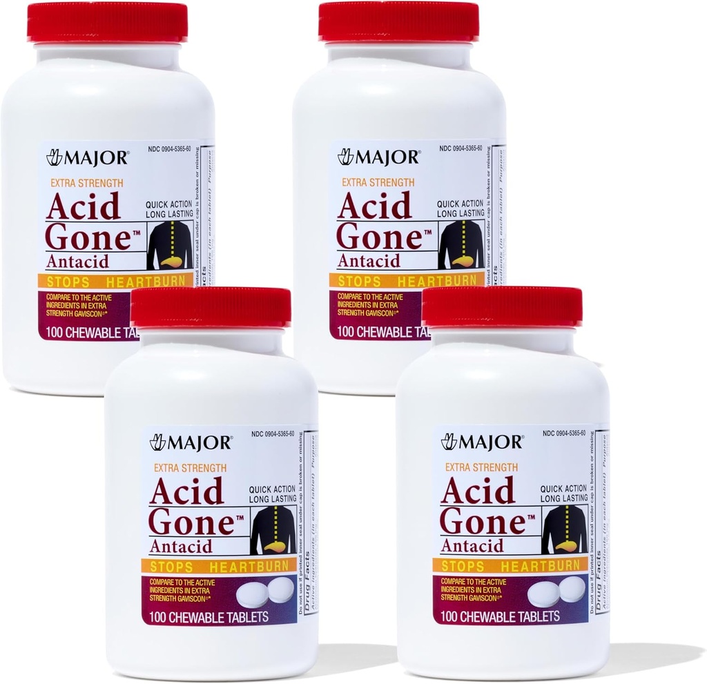 Major Acid Gone Extra Strength Αντιόξινα Μασώμενα Δισκία - Anti-Acid Relux Medicine for Adults - Αναστατωμένο Στομάχι, Οξύ Δυσπεψία, και Heartburn Relief - Long-Lasting - 100 Count (4 Pack)