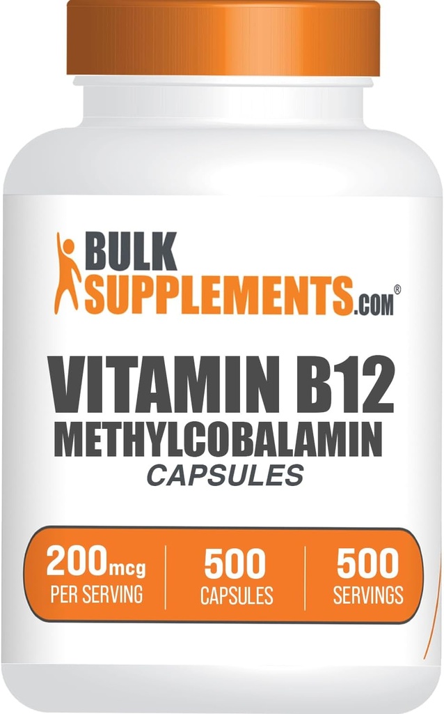 BulkSupplements.com Vitamin B12 Methylcobalamin Capsules - B12 Vitamin Supplement, B12 200mcg, for Energy Support - Gluten Free, 1 Capsule per Serving, 500 Capsules (Pack of 1)