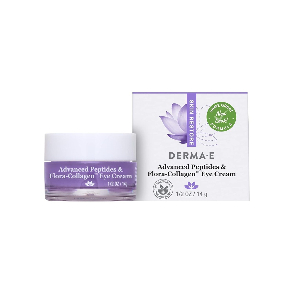 Derma E Advanced Peptides and Vegan Flora-Collagen Eye Cream – Διπλή κρέμα ματιών κολλαγόνου δράσης με Peptide Complex – Σύσφιξη & ενυδάτωση κάτω από τη θεραπεία ματιών – All Natural Moisturizer Cream, 0,5oz