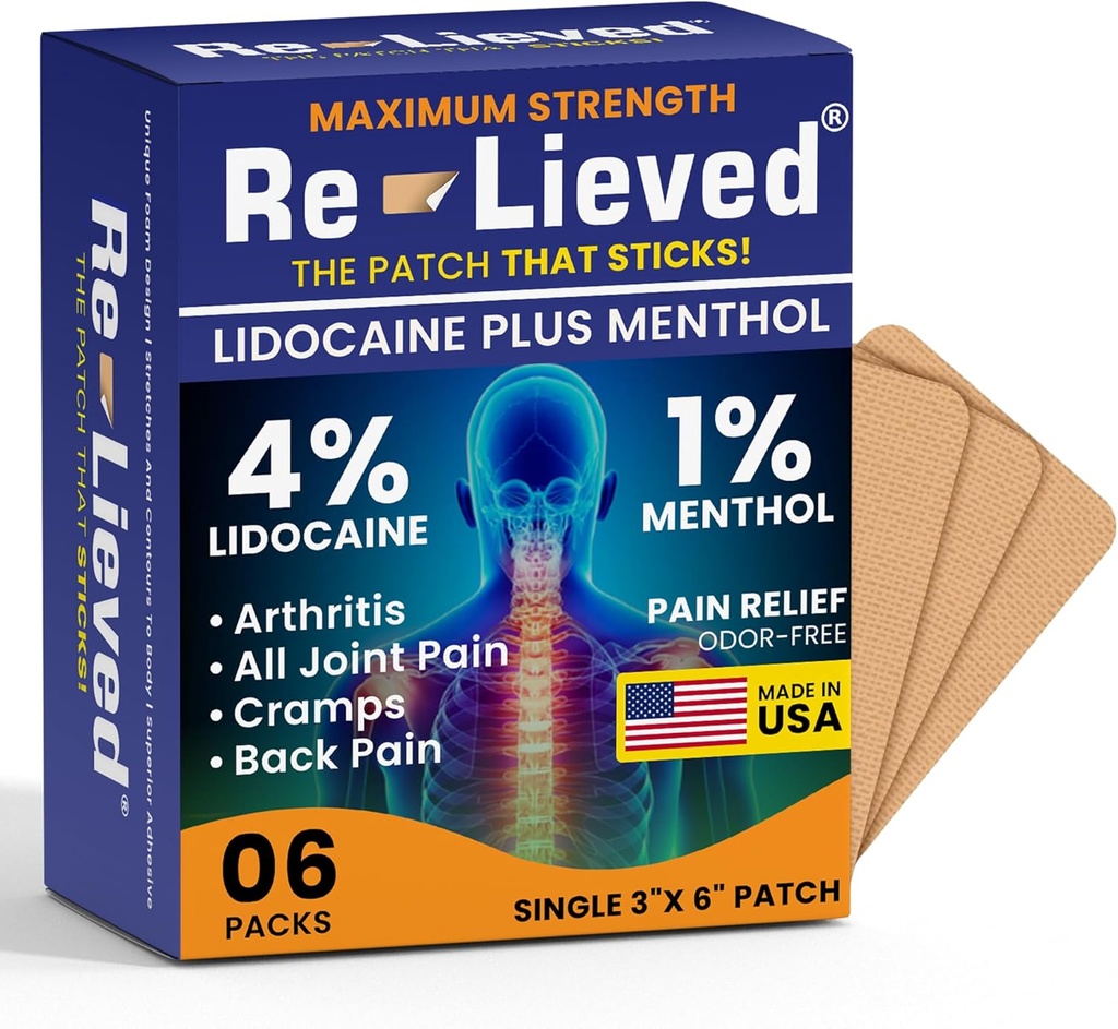Re-lieved 4% Lidocaeine Patches with Menthol - Μέγιστη δύναμη ανακούφιση του πόνου για την πλάτη, γόνατο και μυϊκό πόνο - ταχείας δράσης φάρμακα - Made in USA - 6 Count