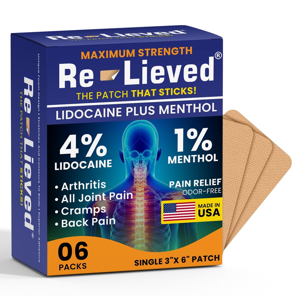 Re-lieved 4% Lidocaeine Patches with Menthol - Μέγιστη δύναμη ανακούφιση του πόνου για την πλάτη, γόνατο και μυϊκό πόνο - ταχείας δράσης φάρμακα - Made in USA - 6 Count
