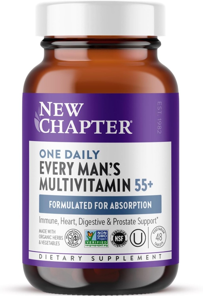 New Chapter Men's Multivitamin 50 Plus for Brain, Heart, Digestive, Prostate & Immune Support with 20+ Nutrients + Ασταξανθίνη - Every Man's One Daily 55+, Gentle on The Stomach - 48 ct