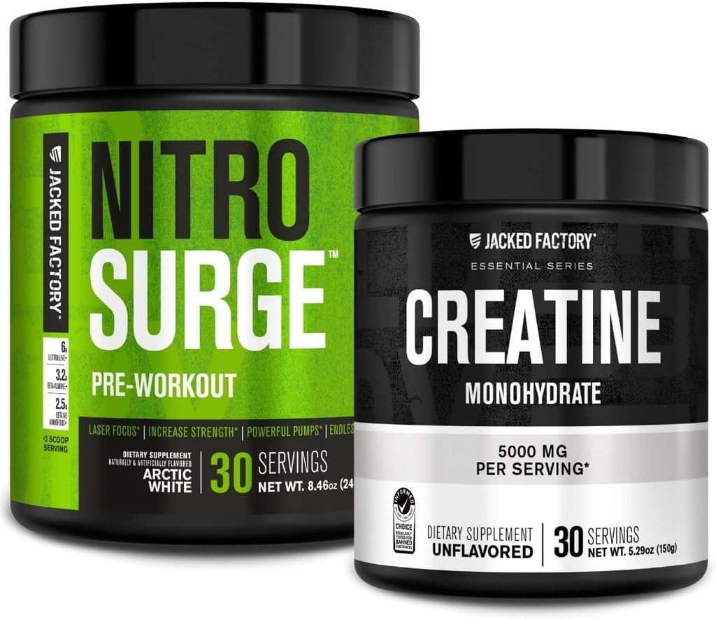 Jacked Factory NITROSURGE Προ προπόνηση συμπλήρωμα (Arctic Λευκό) Creatine Monohydrate σκόνη 150g (Unfraved) για την ανάπτυξη των μυών, αυξημένη δύναμη, ενισχυμένη ενέργεια