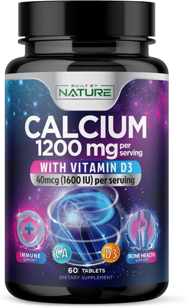 Ασβέστιο 1200mg με βιταμίνη D3 για την καλύτερη απορρόφηση - Σύνθετη υποστήριξη οστών συμπλήρωμα, 1200 mg Ασβέστιο ανθρακικό & 1600 IU Βιταμίνη D3, αργή απελευθέρωση για ανοσοποιητική υποστήριξη, εύκολο στην κατάποση, 60 δισκία