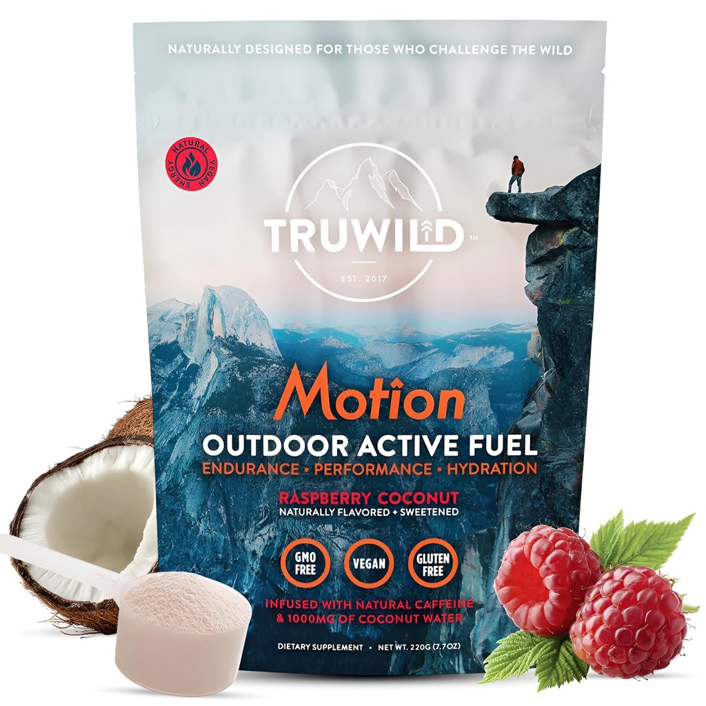 TruWild Motion Όλα τα φυσικά πριν από την προπόνηση Powder Mix για άνδρες & γυναίκες με όχι Jitters ή Crash, ολόκληρο το εργοστάσιο τροφίμων με βάση Vegan, οργανικά με ηλεκτρολύτες + BioPerine, 20 σέρβις (Coconut Raspberry)