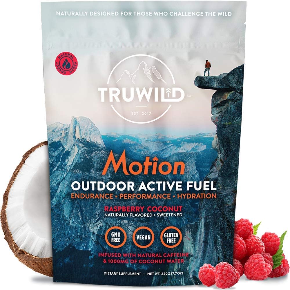 TruWild Motion All Natural Pre Workout Powder Drink Mix for Men & Women with No Jitters or Crash, Whole Food Plant Based Vegan, Organic with Electrolytes + BioPerine, 20 Servings (Coconut Raspberry)