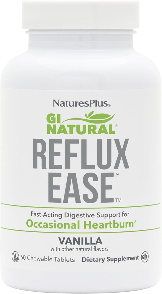 Natures Plus GI Φυσικό Reflux Ease, Βανίλια - 60 Μασώμενα δισκία - γρήγορης δράσης Digestive Υποστήριξη - Χορτοφαγική, χωρίς γλουτένη - 60 εξυπηρετήσεις