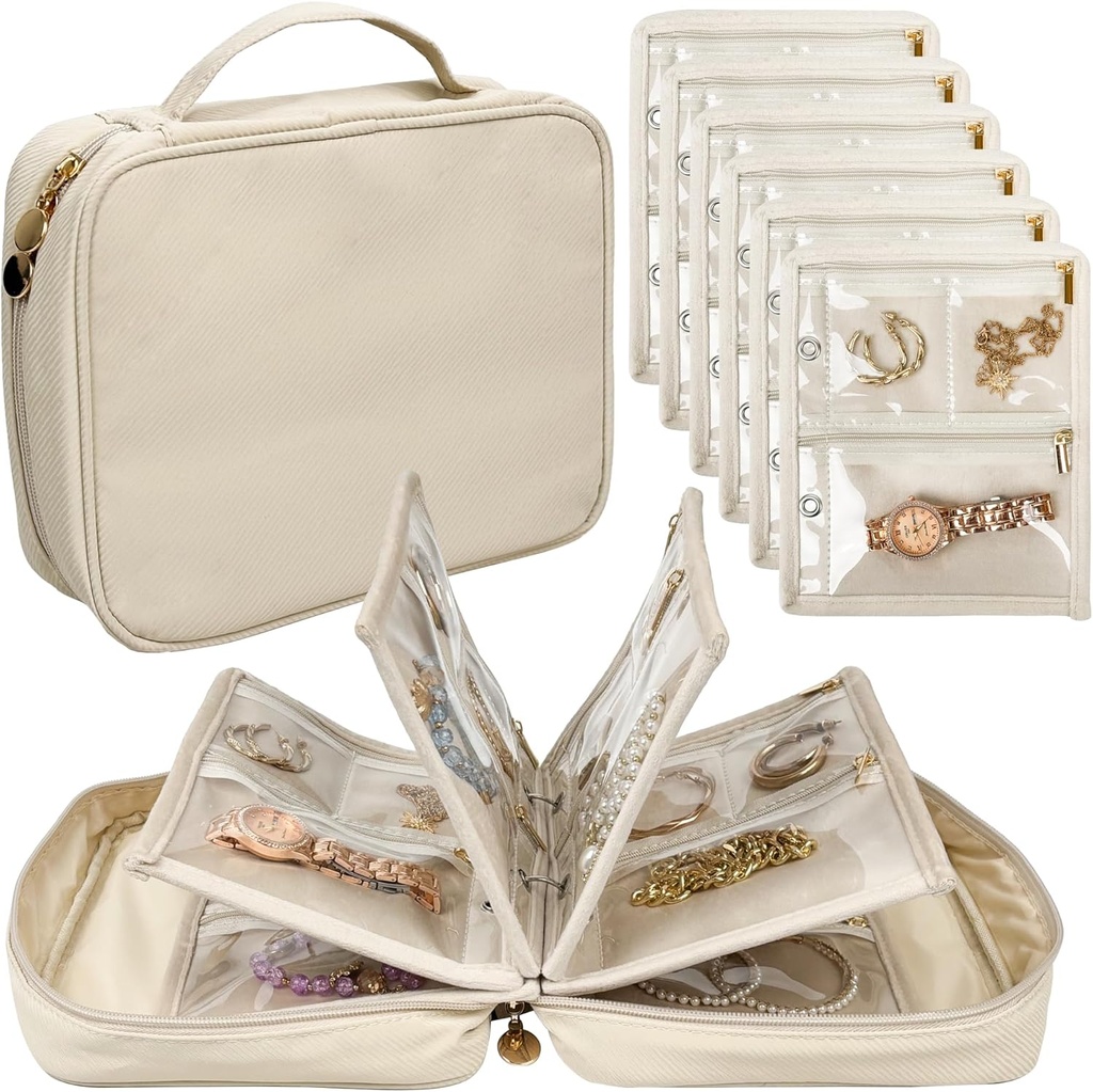 Travel Jewelry Organizer Case, Jewelry Τσάντες Jewelry Αποθήκευση Βιβλίο Binder με Clear Zipper Velvet Pouch για Ταξίδια, Σκουλαρίκια, Δαχτυλίδια, Κολιέ, Βραχιόλι (Λευκό)