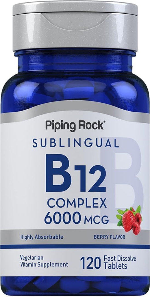 Piping Rock Sublingual B12 Complex 6000 mcg | 120 Fast Dissolve Tablets | Berry Flavor | Vegetarian, Non-GMO & Gluten Free