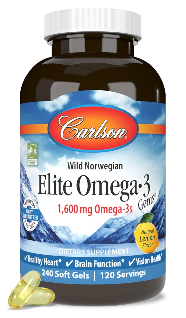 Carlson Elite Omega-3 Gems, 1600 mg Omega-3 με EPA & DHA, Λεμονάδα Γεύση, 240 Softgels – Άγριας-Πιασμένου Νορβηγικού ιχθυελαίου, Με Βιώσιμη προέλευση