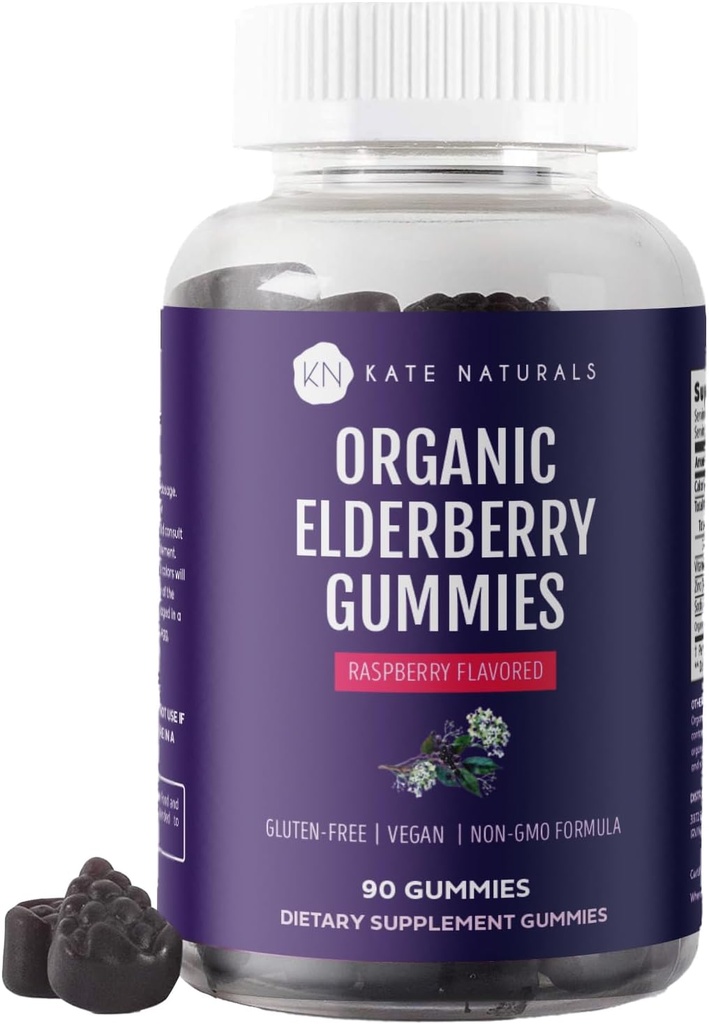 Kate Naturals Elderberry Gummies με βιταμίνη C και ψευδάργυρο για ενήλικες & παιδιά. Νόστιμο Sambucus Elderberry Gummies για την υποστήριξη του ανοσοποιητικού (90 Gummies, 45 ημέρες προσφοράς, οργανικά)