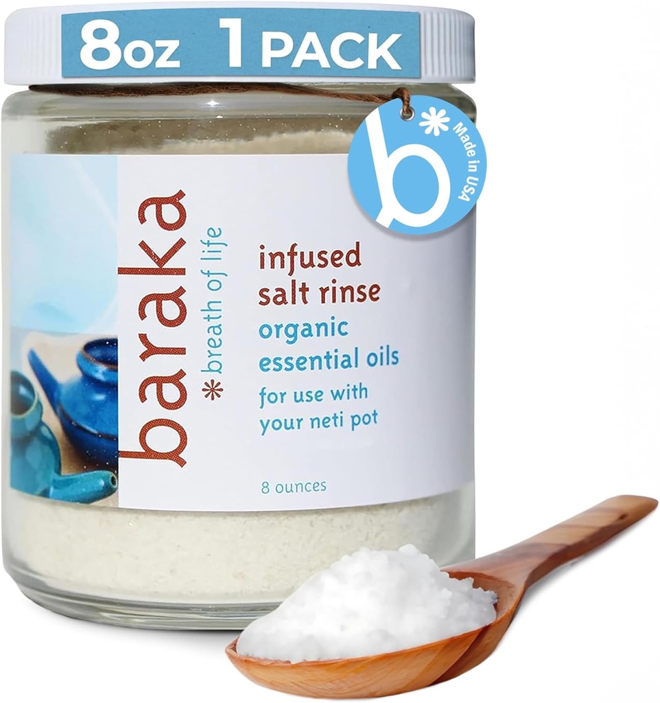 Baraka Infused Sea Salt Neti Pot - Sinus Rinse & Nose Cleaner, Αιθέριο έλαιο Εμπλουτισμένο με Virginia Cedarwood, Palmarosa, Green Myrtle, Fir Balsam & Rosemary, 8 oz (1 Pack)