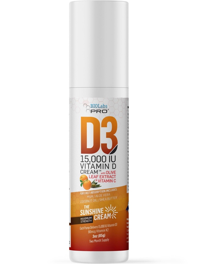 BIOLABS PRO All Natural Vitamin D3 15000IU Vitamin D Cream - Maximum Strength - Καταπολέμηση της ανεπάρκειας βιταμίνης D Φυσικά - με εκχύλισμα βιταμίνης K2 & φύλλων ελιάς - Ασφαλής & αποτελεσματική (15.000IU - 3.0oz)