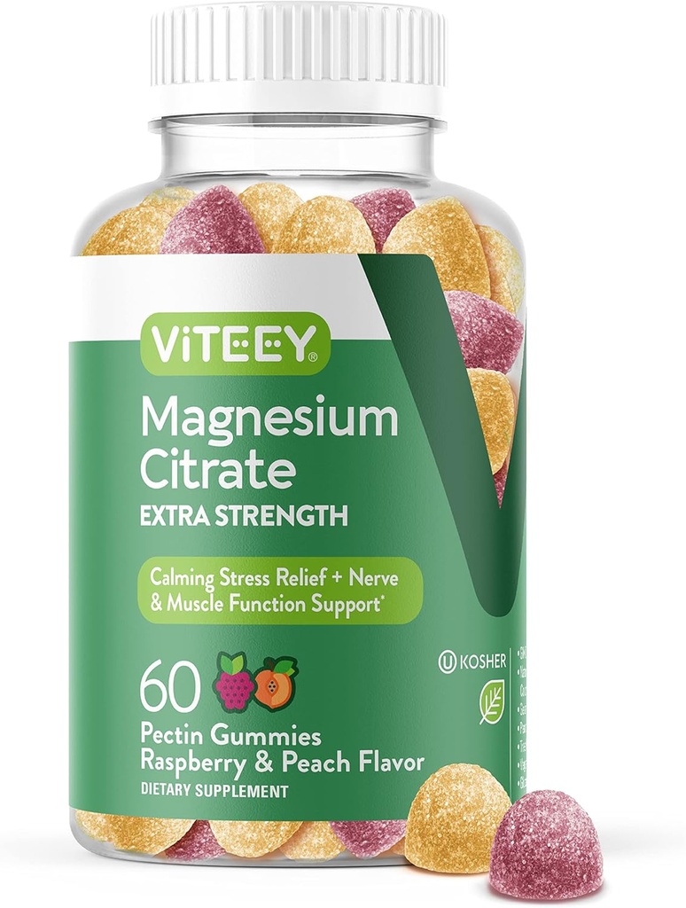 VITEEY Μαγνήσιο Gummies για ενήλικες - 170mg Μαγνήσιο Citrate Gummy για την ηρεμία, τον ύπνο, τα νεύρα και τη λειτουργία μυών Υποστήριξη - Vegan, Χωρίς γλουτένη - 60 Count