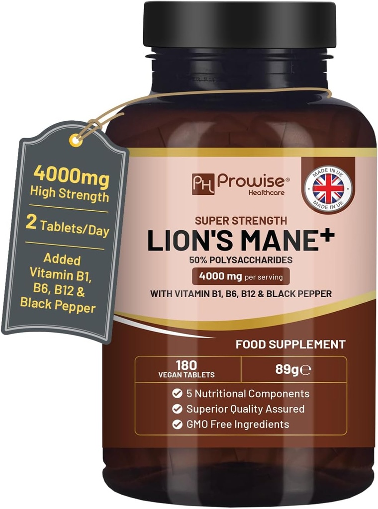 Lions Mane Mushroom Supplement 4000mg με Βιταμίνη Β1, Β6, Β12 & Μαύρο Πιπέρι - 180 Super Strength Vegan Tablets με 50% Πολυσακχαρίτες (όχι σκόνη ή κάψουλες) 
