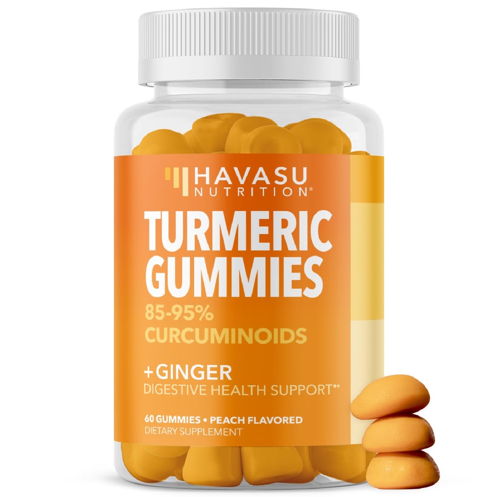Turmeric Gummies with Ginger and 95% Curcuminoids - Digestive Health and Immune Support Supplement for Συνολική Ευεξία - 60 Count - Vegan, Μη-GMO Κουρκουμίνη Βιταμίνη - Ροδάκινο Γεύση, 1 Μήνα Προσφορά
