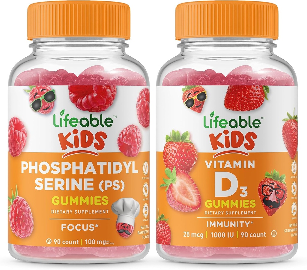 Ζωηρό Phosphatidylserine (PS) Kids + Vitamin D Kids, Gummies Bundle - Μεγάλη γεύση, συμπλήρωμα βιταμίνης, Χωρίς γλουτένη, GMO Δωρεάν, Μασώμενο Gummy