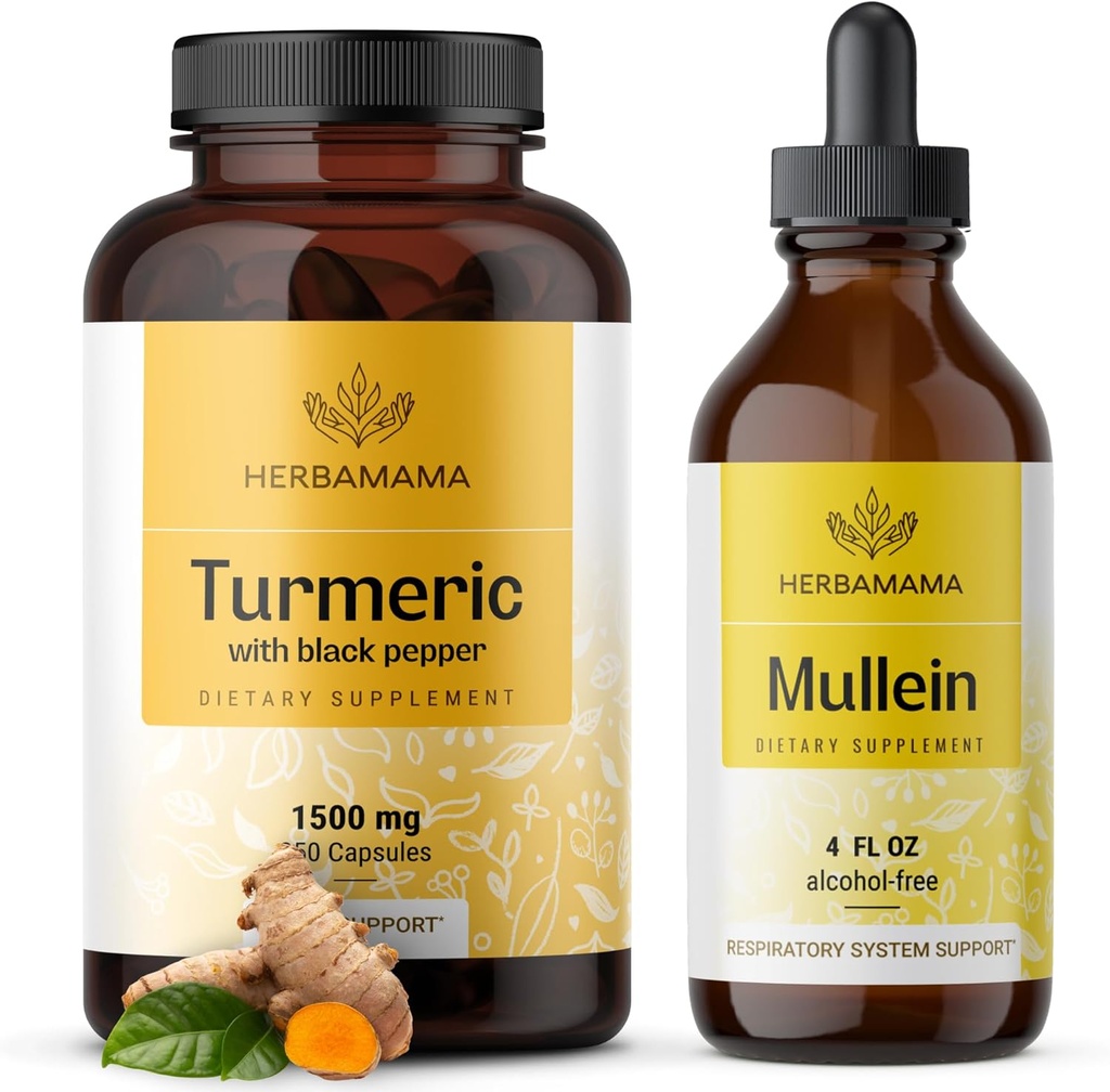 HERBAMAMA Turmeric and Mullein Leaf Kit - Bundle των 1500 mg Turmeric Curcumin Capsules & Mullein Leaf Extract Timcture - Vegan, Non GMO, Sugar & Alcohol-Free - 2 Pack