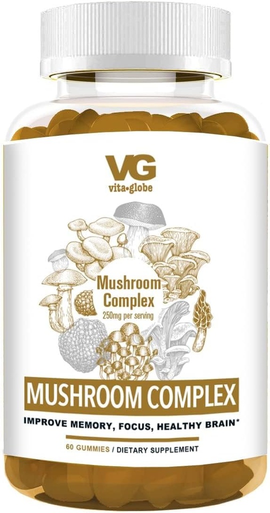 VITA GLOBE Mushroom Complex Gummies – 250mg with Reishi, Lion’s Mane, Chaga, Cordyceps & More 