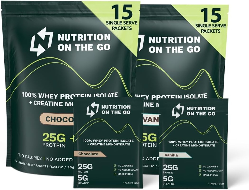 Διατροφή On The Go Whey Protein Isolate Packets με Creatine – 25g Πρωτεΐνη + 5g Createine – Single-Serve Travel Protein Powder - Variety Pack (Vanilla & Chocolate) (30-Pack)